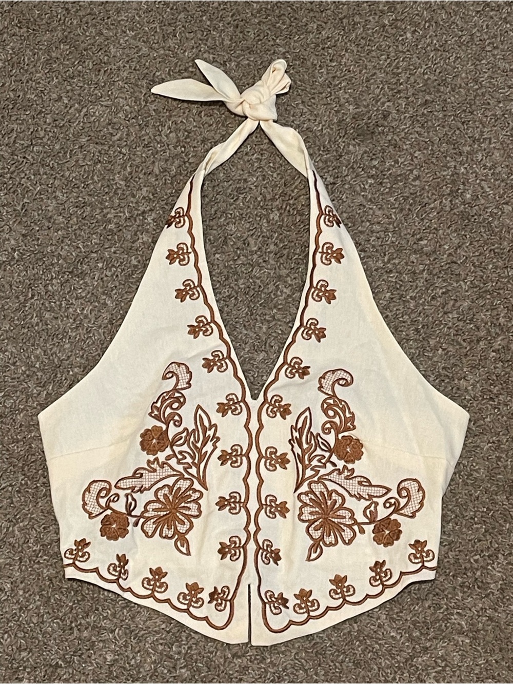 Cream Halter Embroidered Floral Crop Top